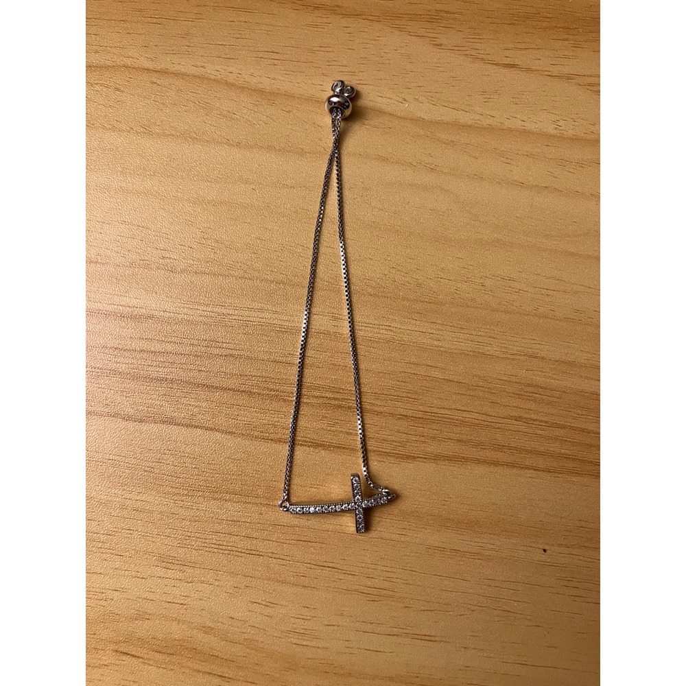 Silver Tone Sideways Cross Bolo Bracelet Adjustable Cubic Zirconia Box Chain